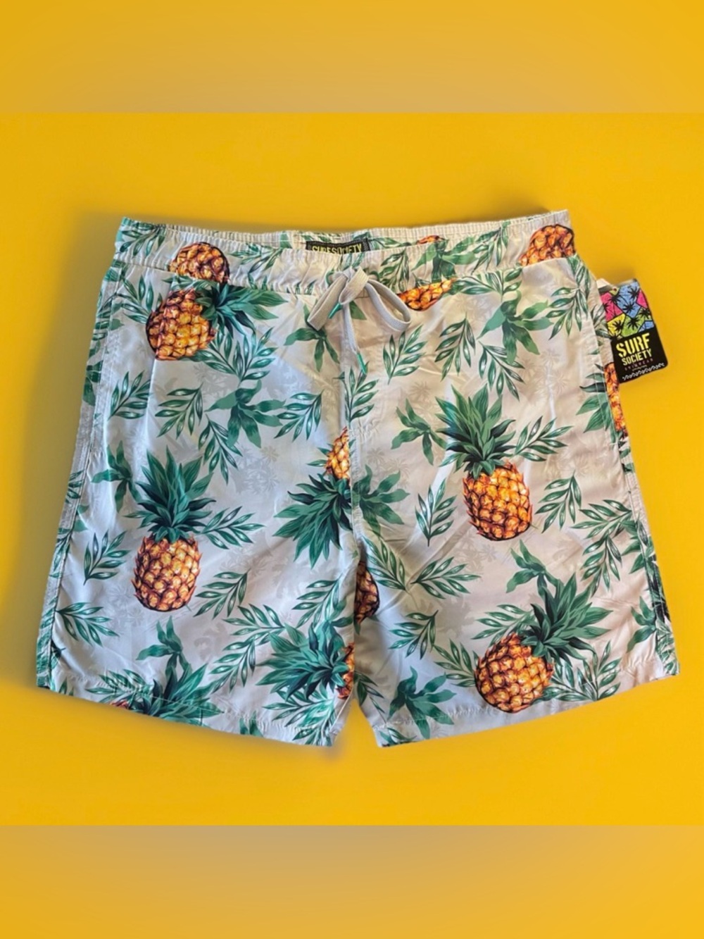 NWT Surf Society Men's Large Swim Trunks Pineapple Print Stone Grey Board Shorts